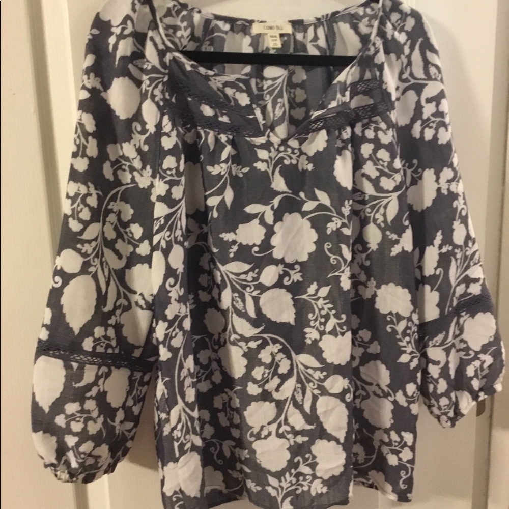 Navy and white flowered blouse